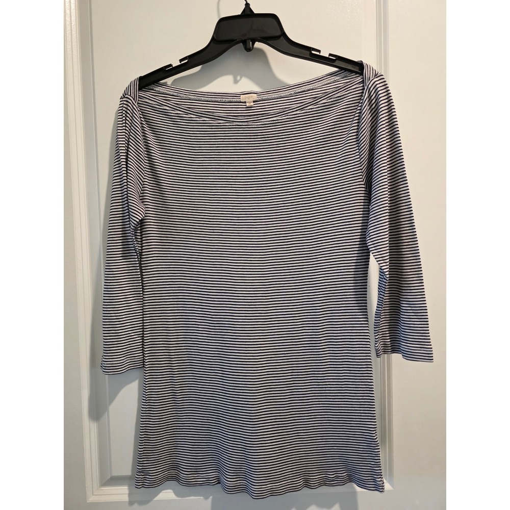 Women's sz M J.Crew Navy White Striped Boatneck 3/4 Sleeve Ribbed Knit Top